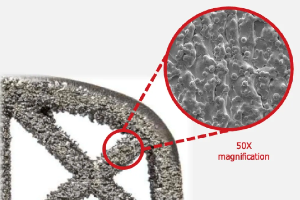 Hierarchical surface roughness of a truss implant strut at 50X magnification